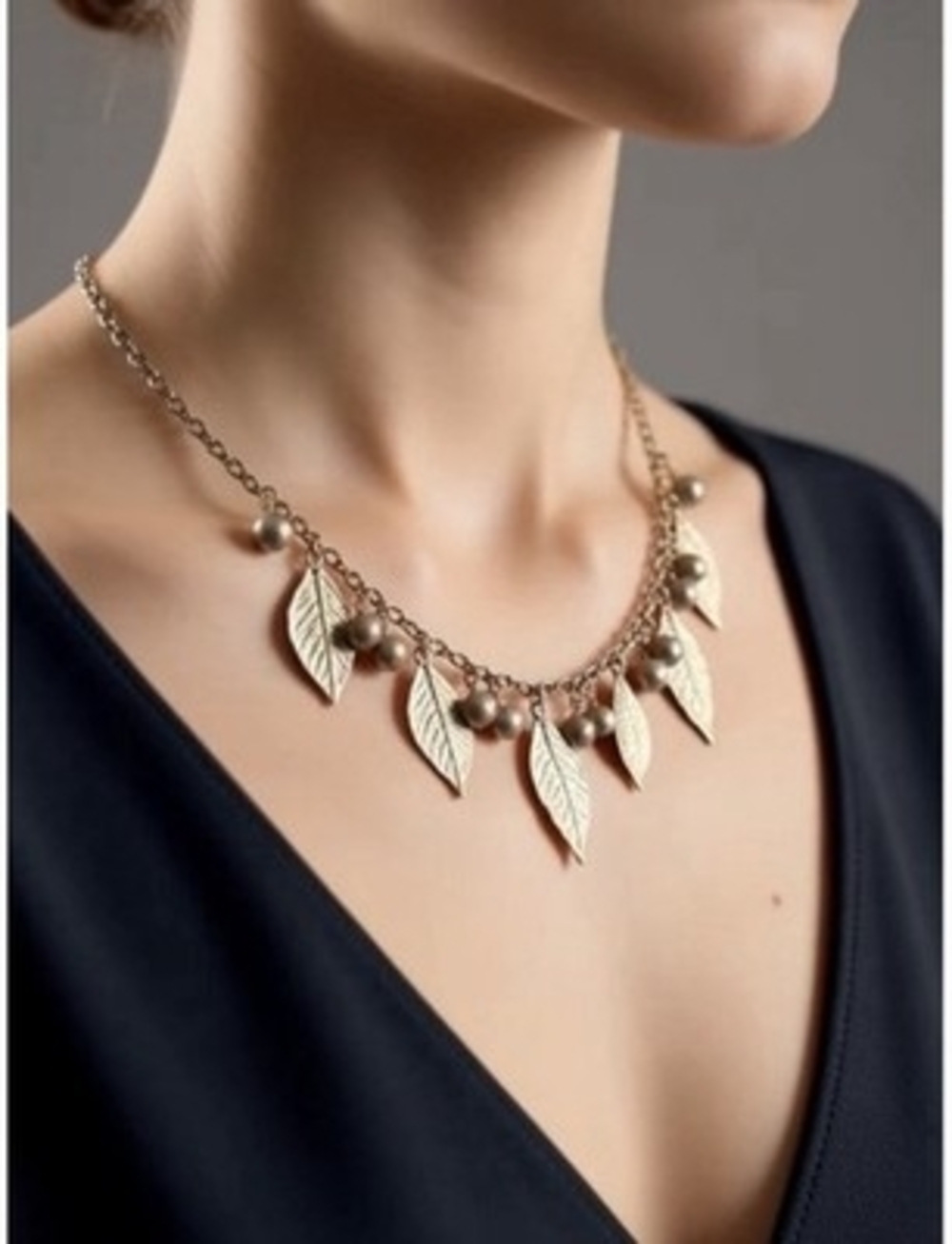 Gold Tone Multi Leaf & Brown Bead Dangle Choker Necklace 16" Statement Jewelry